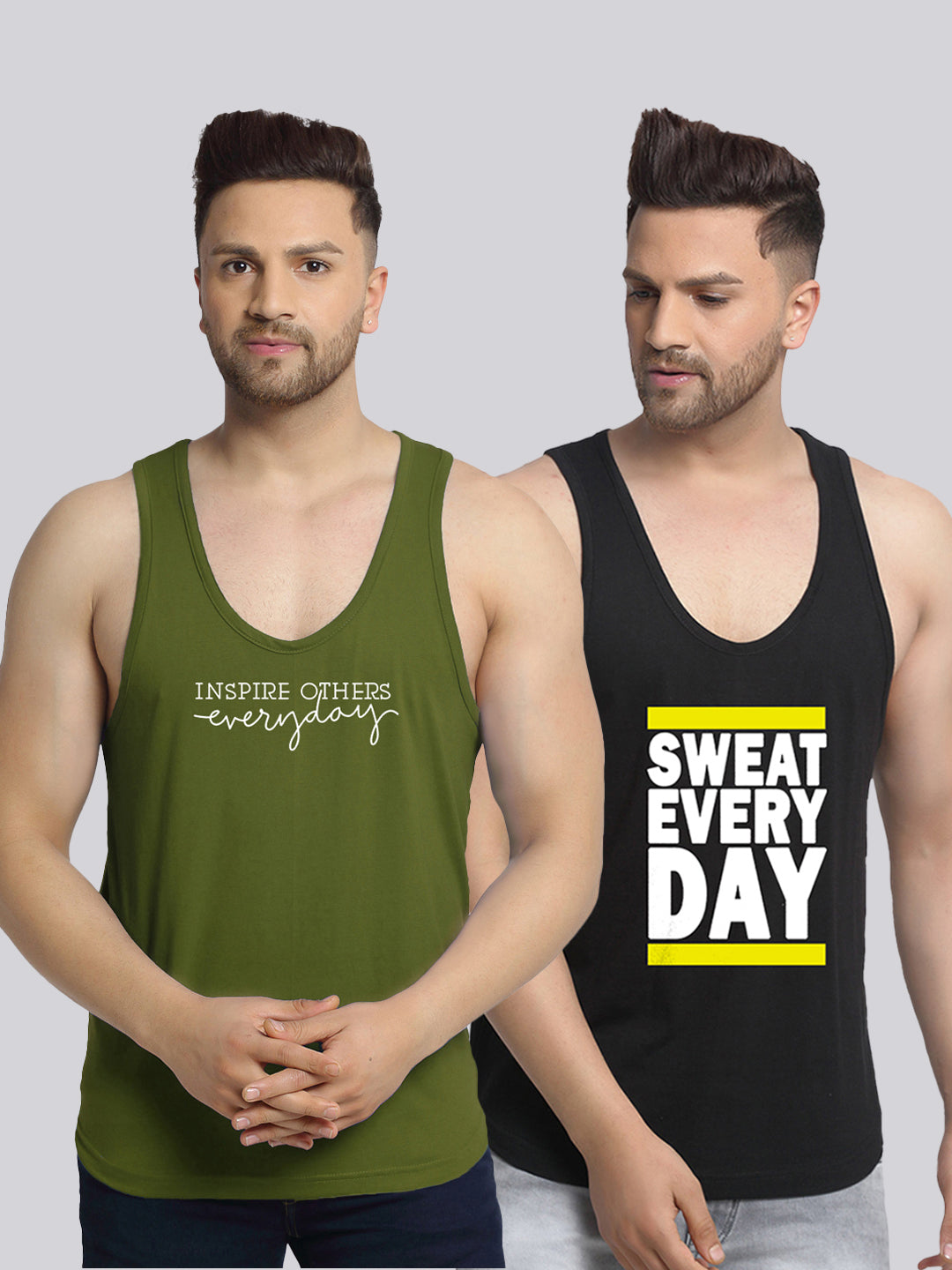 Men's Pack of 2 Olive Green & Black Printed Gym Vest - Friskers