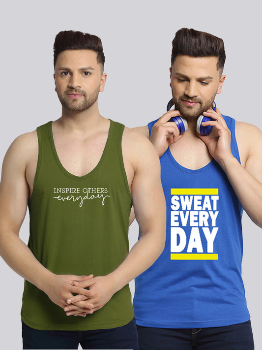 Men's Pack of 2 Olive Green & Blue Printed Gym Vest - Friskers