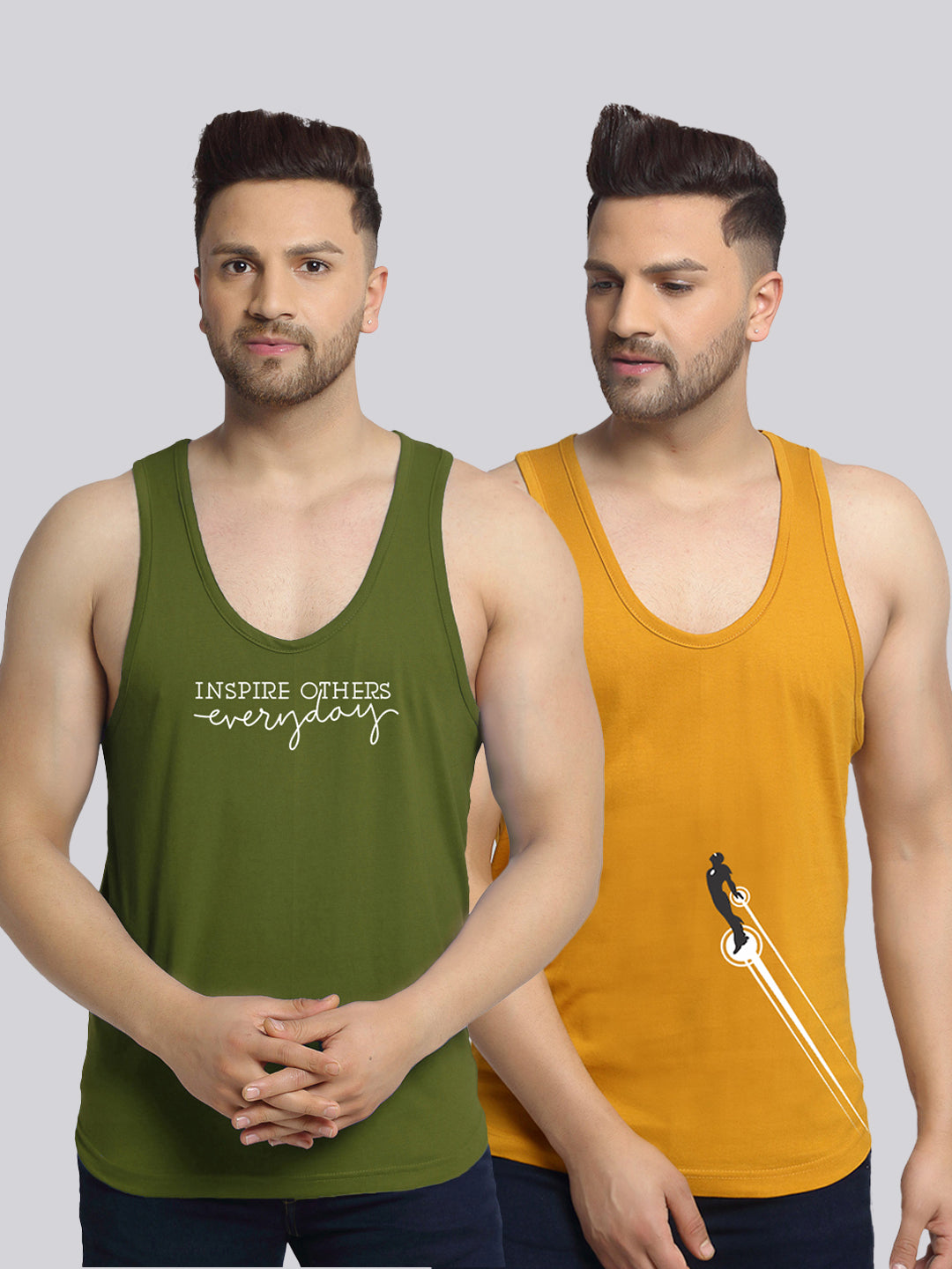 Men's Pack of 2 Olive Green & Mustard Printed Gym Vest - Friskers