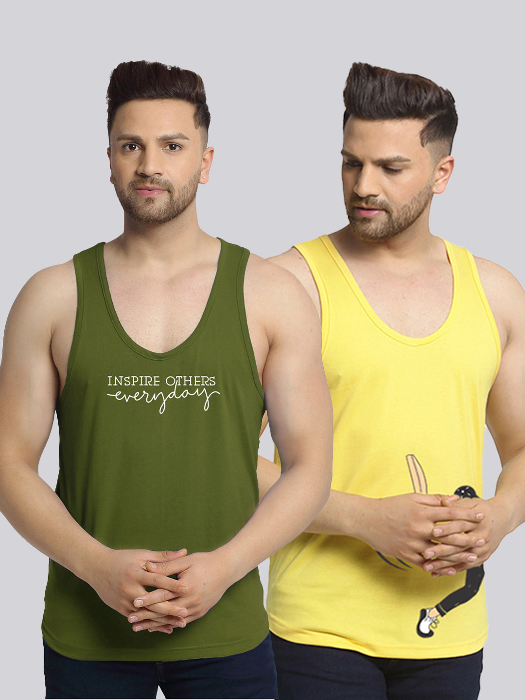 Men's Pack of 2 Olive Green & Yellow Printed Gym Vest - Friskers