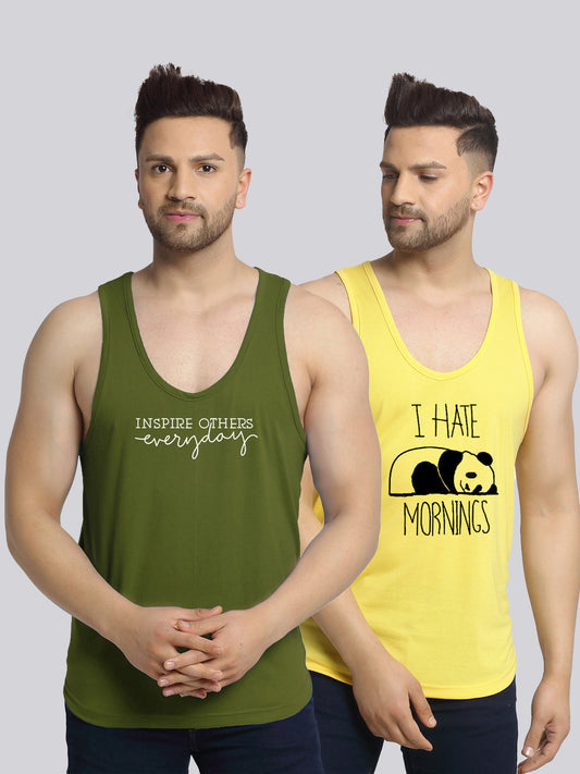 Men's Pack of 2 Olive Green & Yellow Printed Gym Vest - Friskers