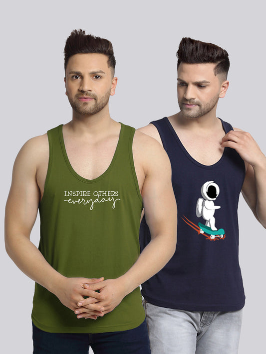 Men's Pack of 2 Olive Green & Navy Printed Gym Vest - Friskers