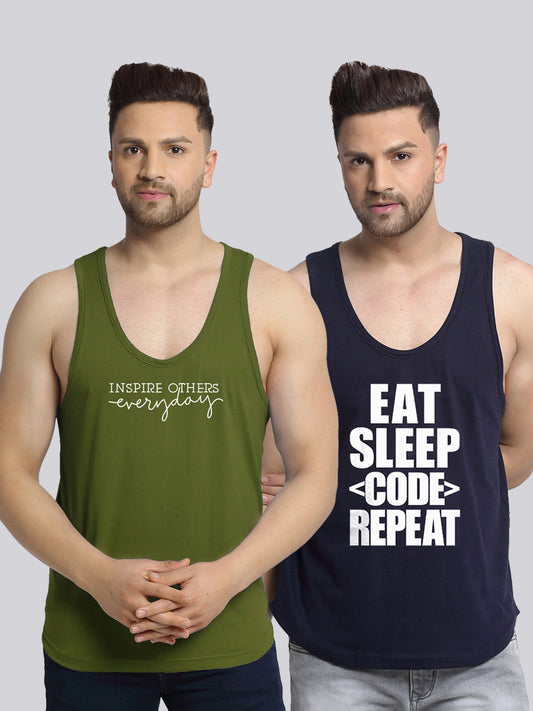Men's Pack of 2 Olive Green & Navy Printed Gym Vest - Friskers