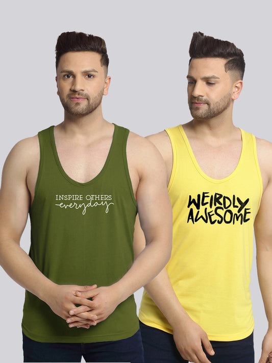 Men's Pack of 2 Olive Green & Yellow Printed Gym Vest - Friskers