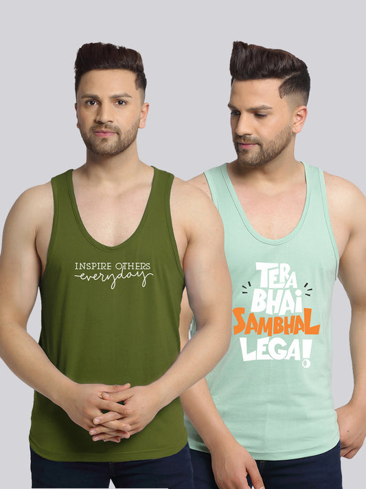 Men's Pack of 2 Olive Green & Pista Printed Gym Vest - Friskers