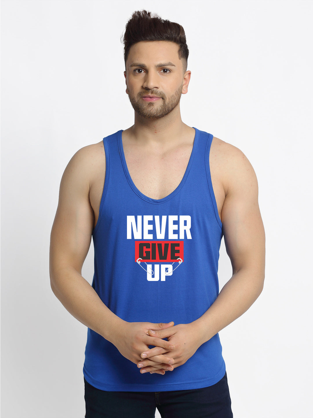 Men's Never Give Up printed Sleeveless Pure Cotton Gym Vest - Friskers