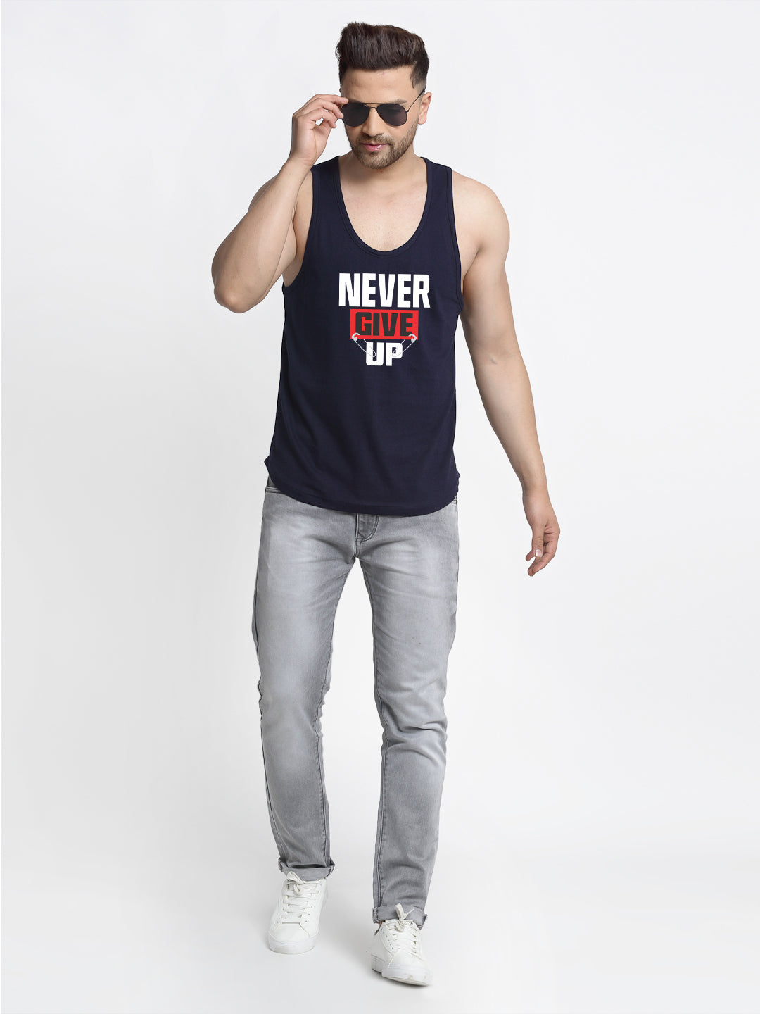 Men's Never Give Up printed Sleeveless Pure Cotton Gym Vest - Friskers