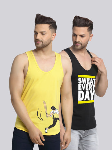 Men's Pack of 2 Yellow & Black Printed Gym Vest - Friskers