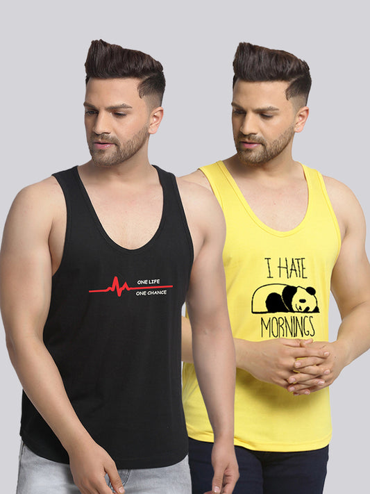 Men's Pack of 2 Black & Yellow Printed Gym Vest - Friskers
