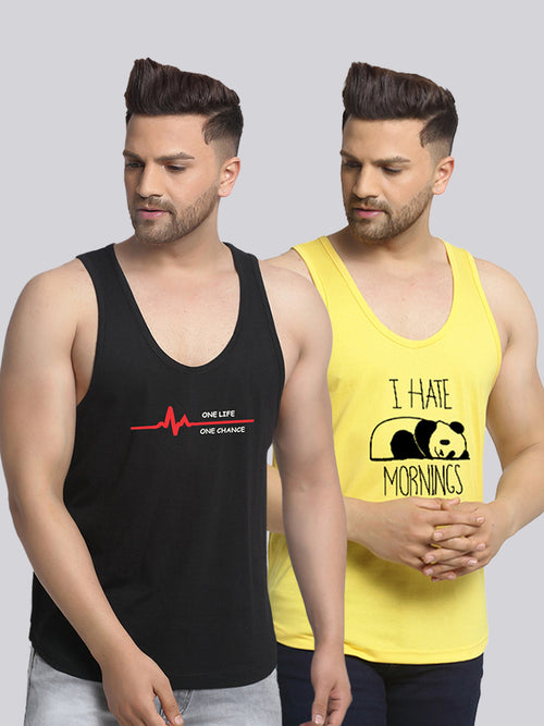Men's Pack of 2 Black & Yellow Printed Gym Vest