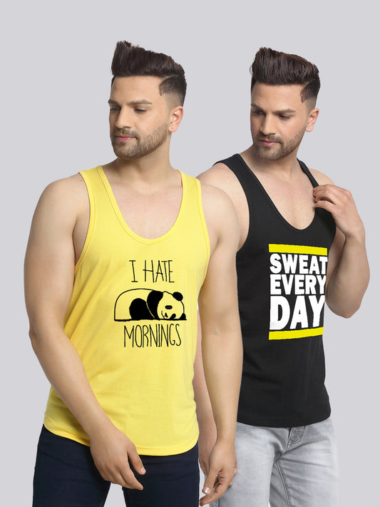 Men's Pack of 2 Yellow & Black Printed Gym Vest - Friskers