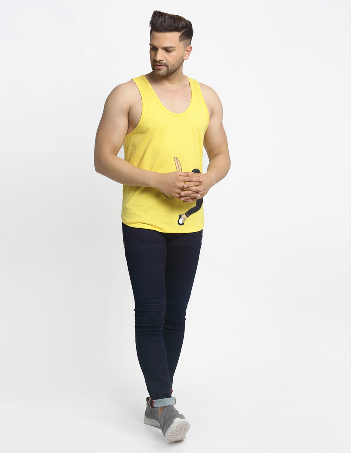 Men's Pack of 2 Yellow & Yellow Printed Gym Vest - Friskers