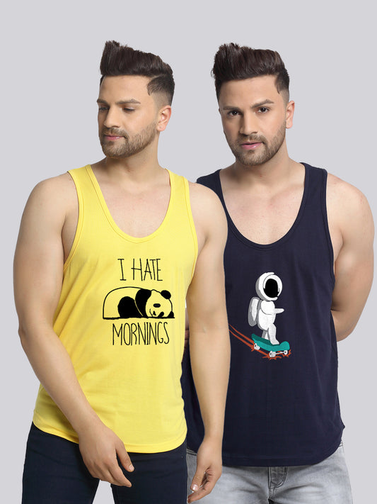 Men's Pack of 2 Yellow & Navy Printed Gym Vest - Friskers