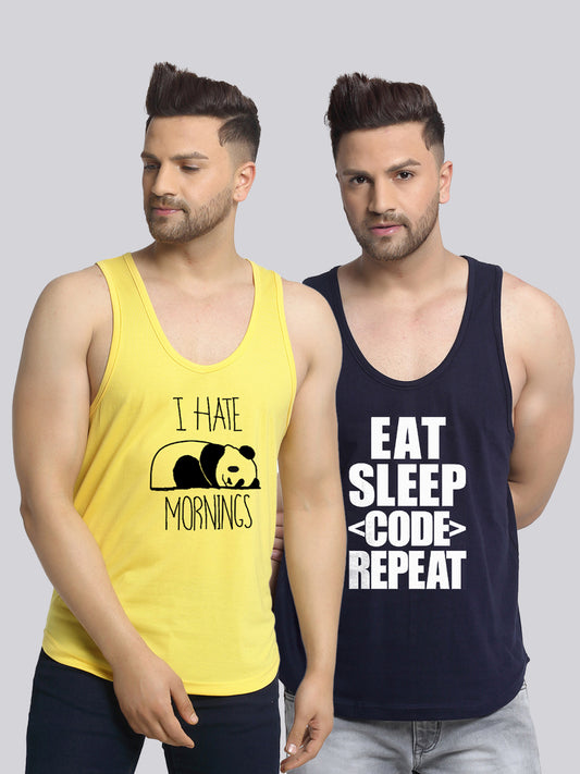 Men's Pack of 2 Yellow & Navy Printed Gym Vest - Friskers