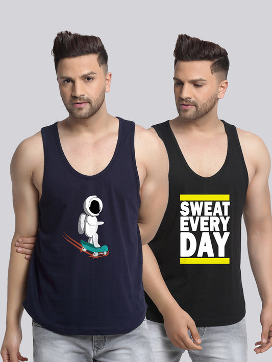 Men's Pack of 2 Navy & Black Printed Gym Vest - Friskers