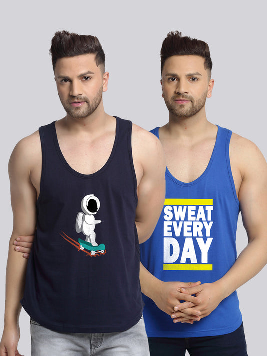 Men's Pack of 2 Navy & Blue Printed Gym Vest - Friskers