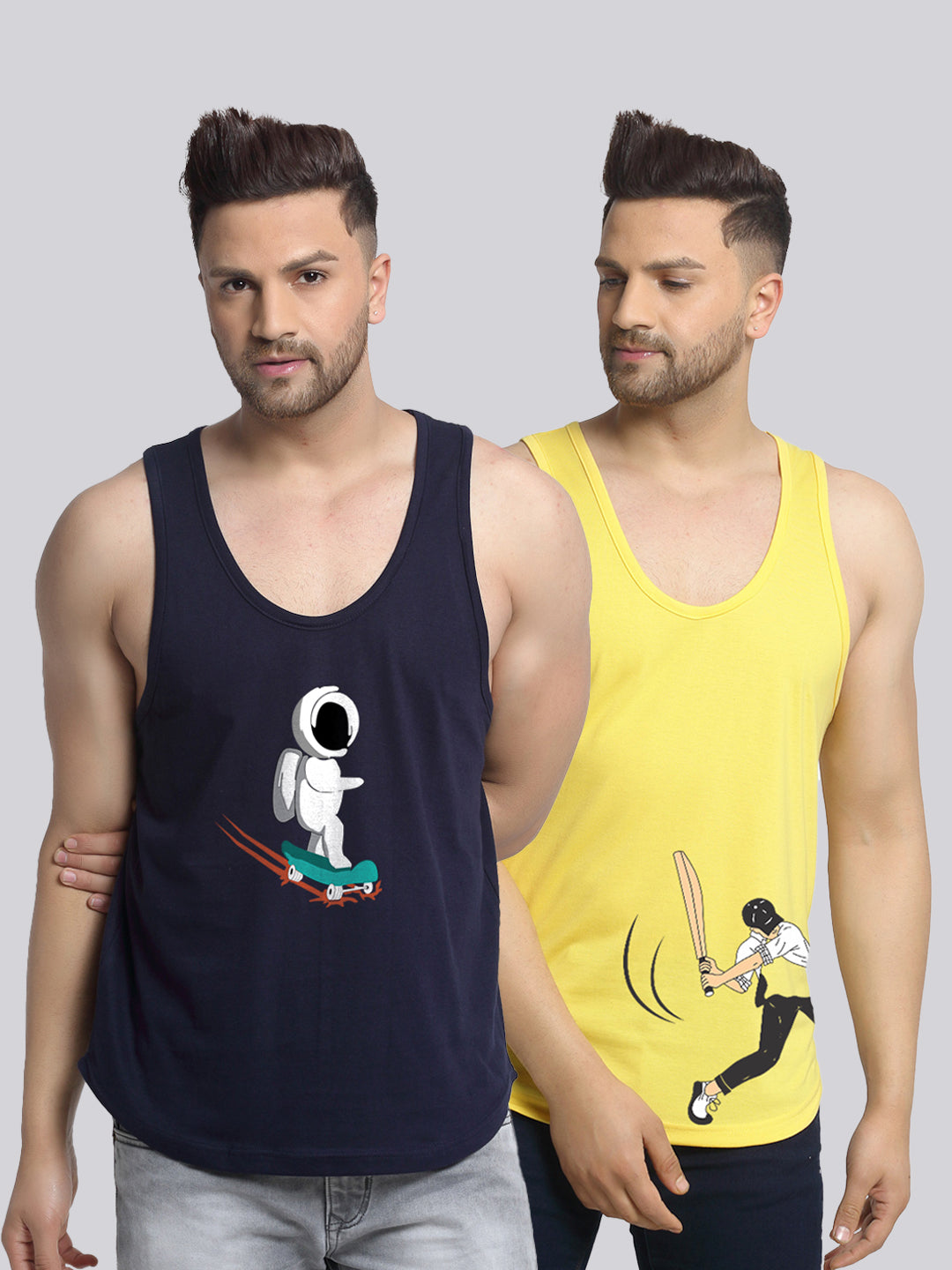 Men's Pack of 2 Navy & Yellow Printed Gym Vest - Friskers