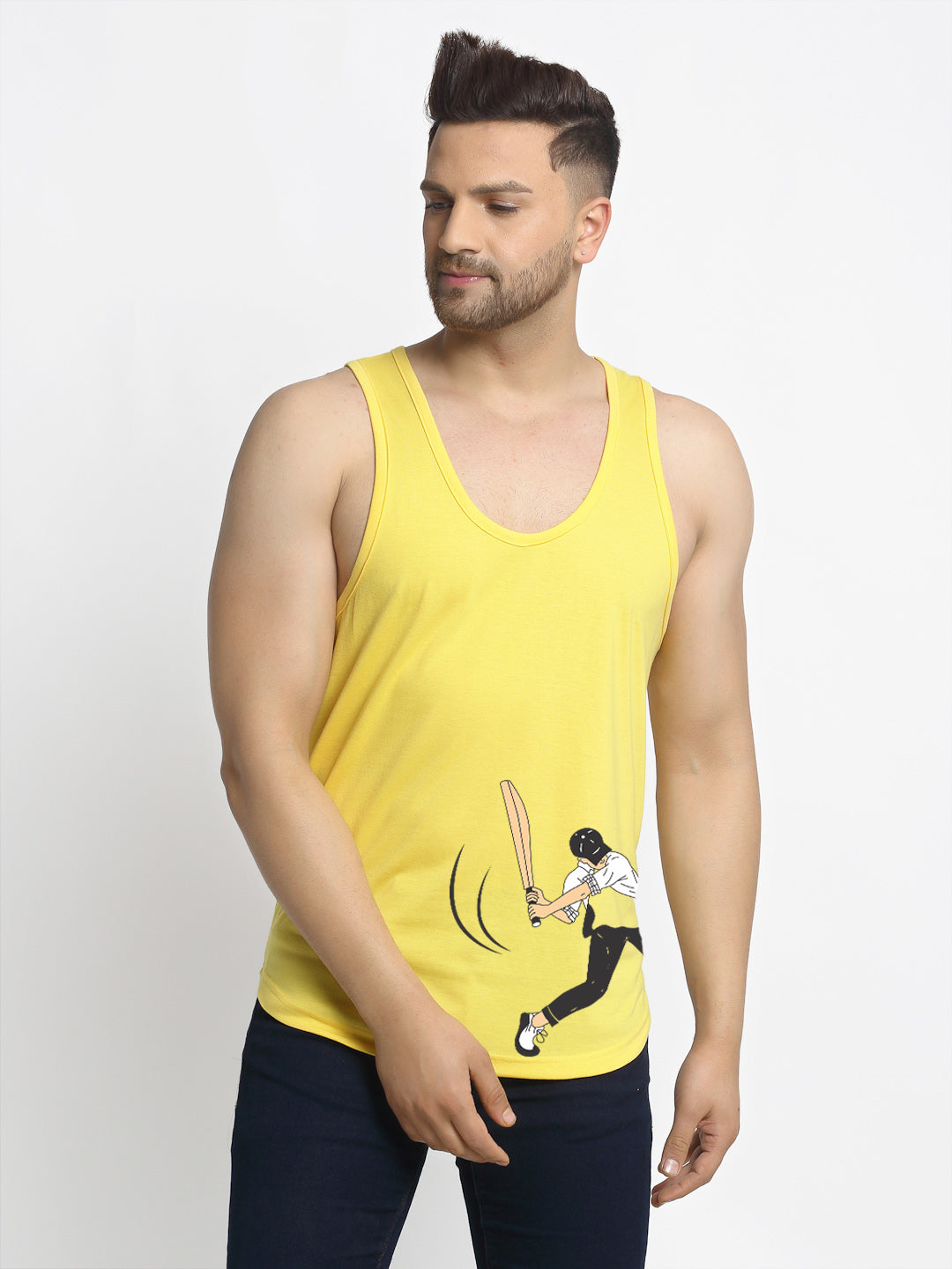 Men's Pack of 2 Navy & Yellow Printed Gym Vest - Friskers