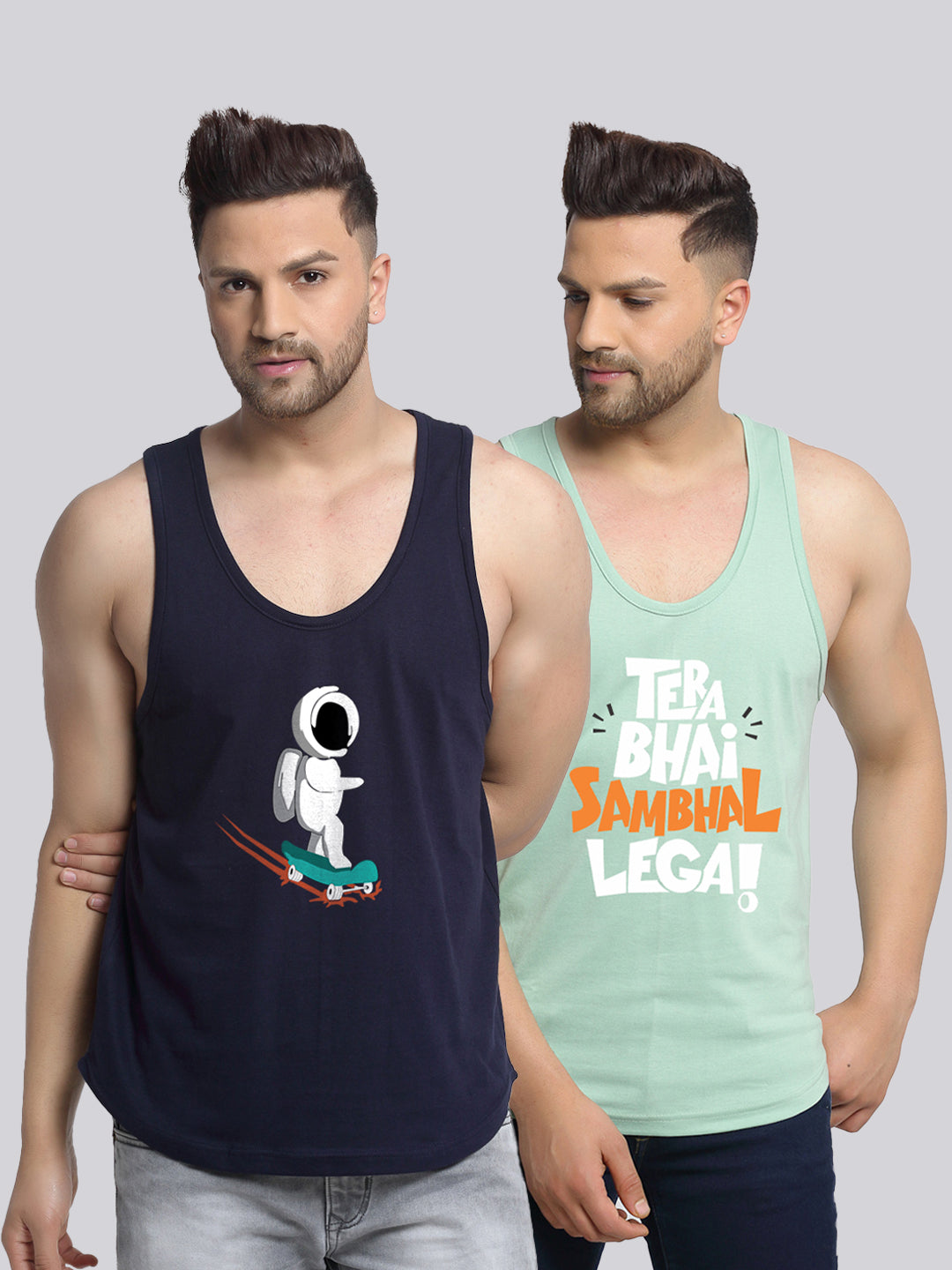 Men's Pack of 2 Navy & Pista Printed Gym Vest - Friskers