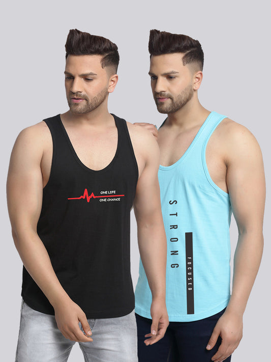 Men's Pack of 2 Black & Turquiose Printed Gym Vest - Friskers