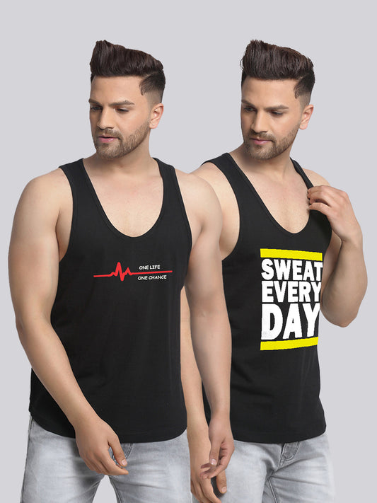 Men's Pack of 2 Black & Black Printed Gym Vest - Friskers