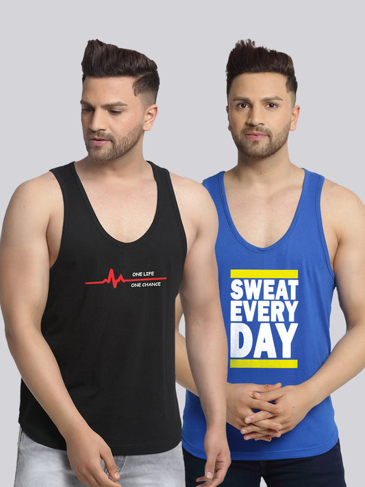 Men's Pack of 2 Black & Blue Printed Gym Vest - Friskers