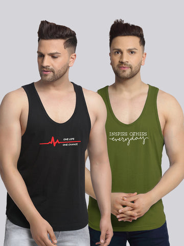 Men's Pack of 2 Black & Olive Green Printed Gym Vest - Friskers