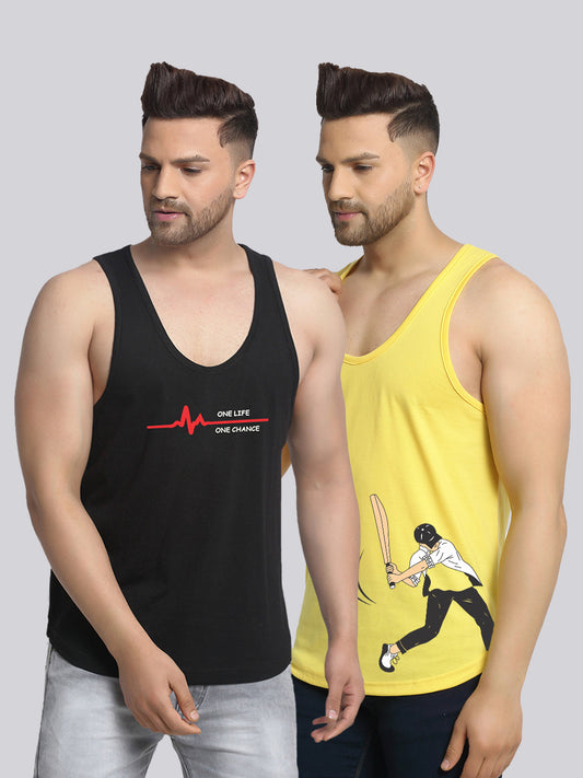 Men's Pack of 2 Black & Yellow Printed Gym Vest - Friskers