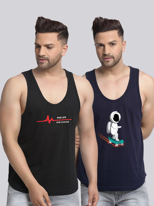 Men's Pack of 2 Black & Navy Printed Gym Vest - Friskers