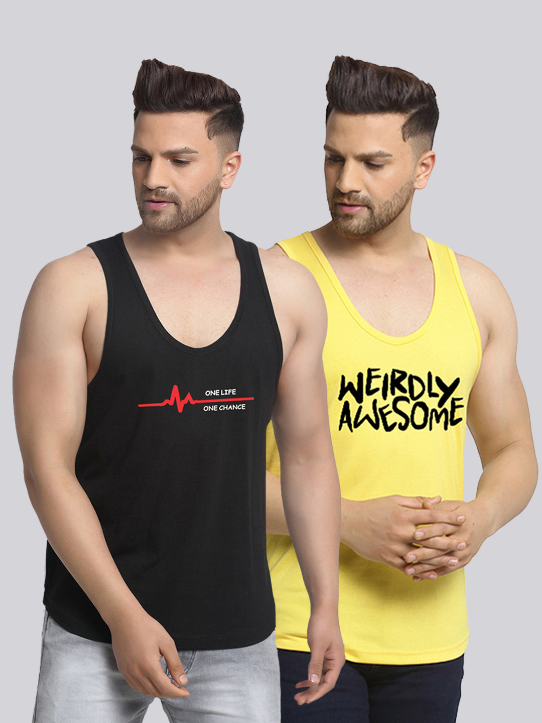 Men's Pack of 2 Black & Yellow Printed Gym Vest - Friskers