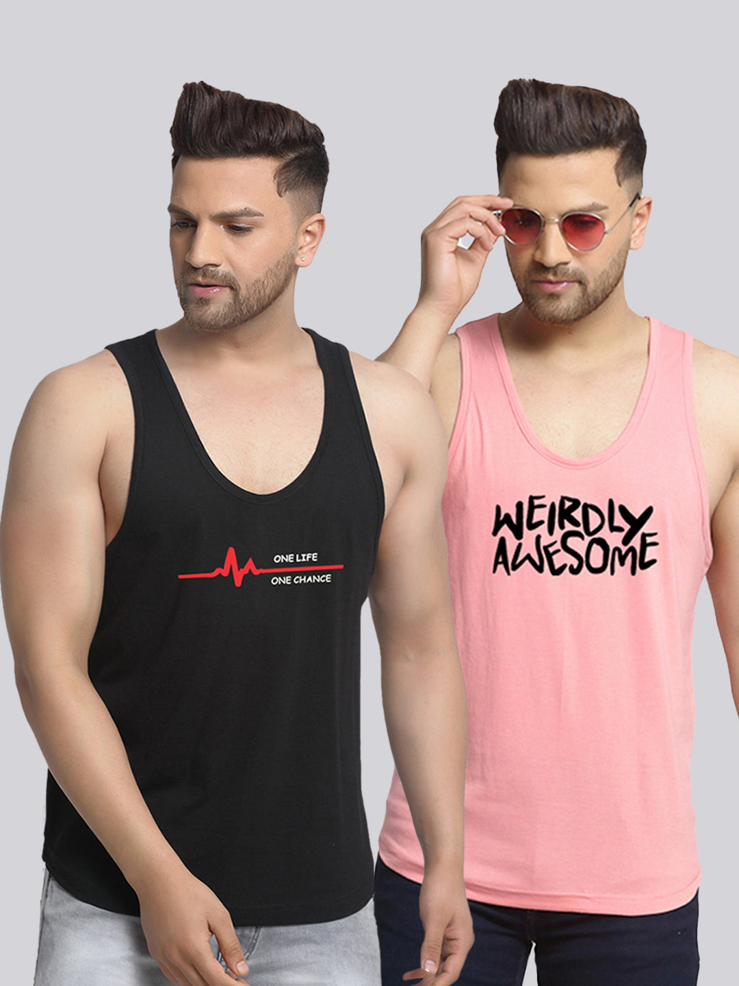 Men's Pack of 2 Black & Coral Printed Gym Vest - Friskers