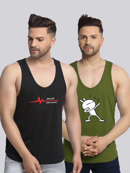 Men's Pack of 2 Black & Olive Green Printed Gym Vest - Friskers