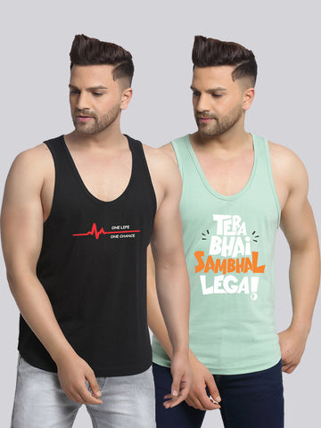 Men's Pack of 2 Black & Pista Printed Gym Vest - Friskers