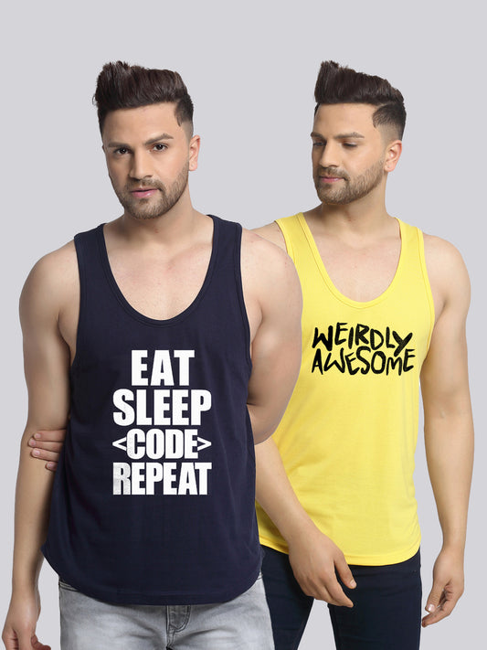 Men's Pack of 2 Navy & Yellow Printed Gym Vest - Friskers