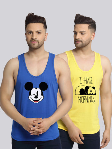 Men's Pack of 2 Blue & Yellow Printed Gym Vest - Friskers