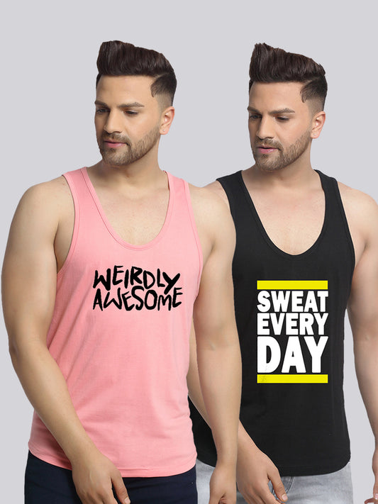 Men's Pack of 2 Coral & Black Printed Gym Vest - Friskers
