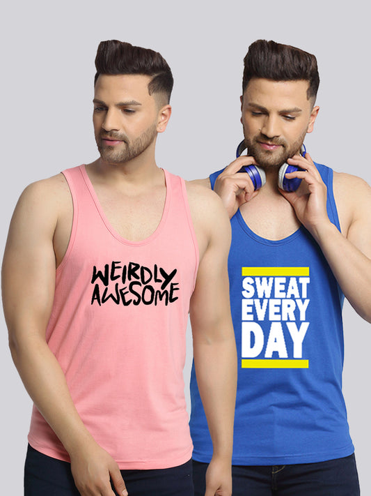 Men's Pack of 2 Coral & Blue Printed Gym Vest - Friskers