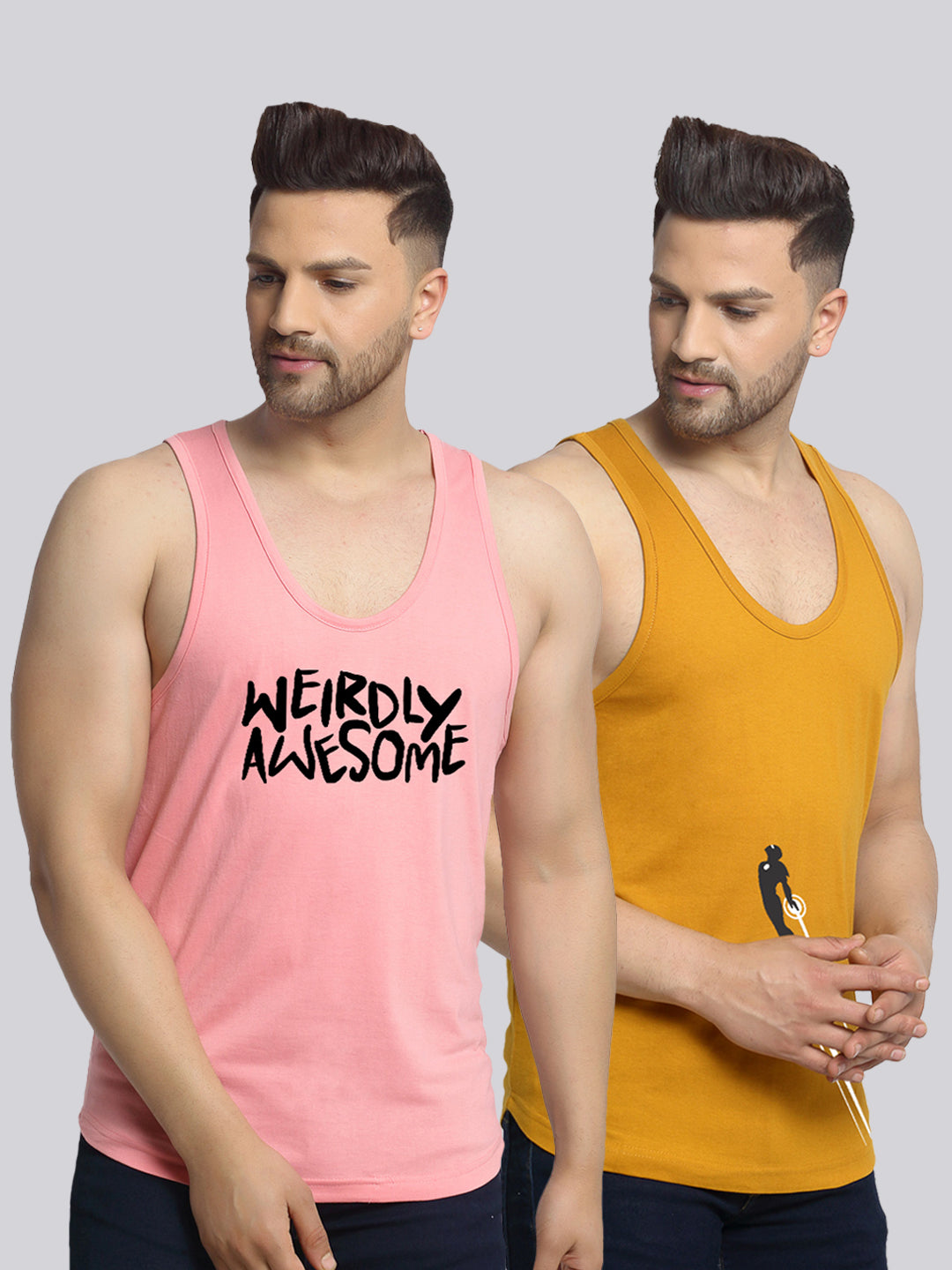 Men's Pack of 2 coral & Mustard Printed Gym Vest - Friskers