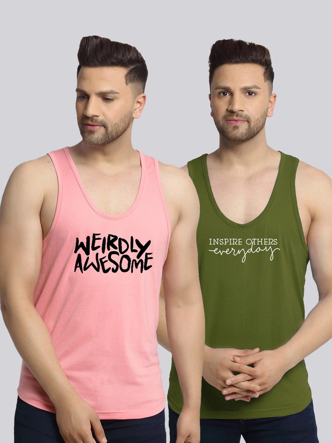 Men's Pack of 2 Coral & Olive Green Printed Gym Vest - Friskers