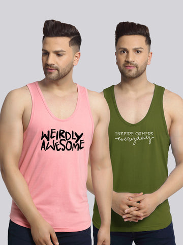 Men's Pack of 2 Coral & Olive Green Printed Gym Vest - Friskers