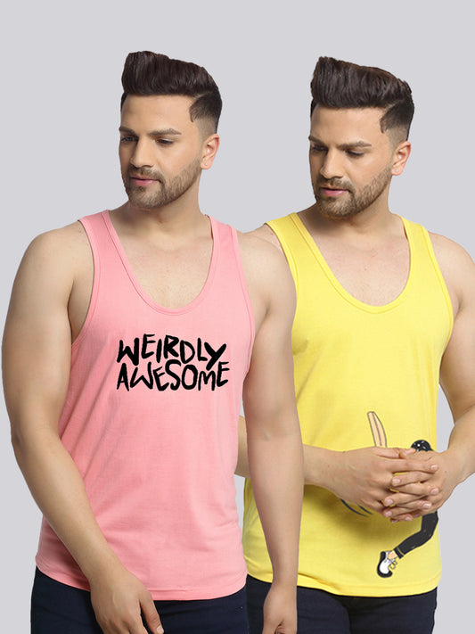 Men's Pack of 2 coral & Yellow Printed Gym Vest - Friskers