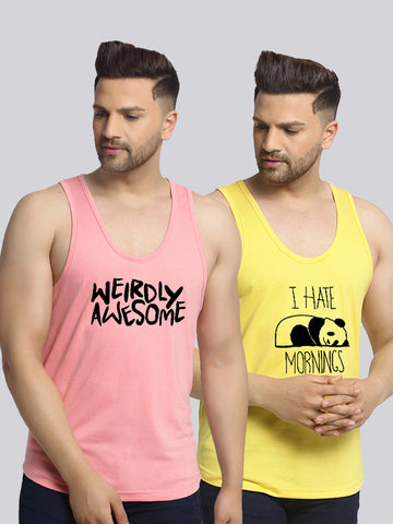 Men's Pack of 2 coral & Yellow Printed Gym Vest - Friskers