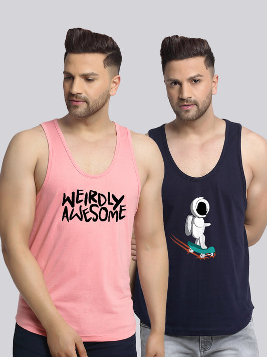 Men's Pack of 2 Coral & Navy Printed Gym Vest - Friskers
