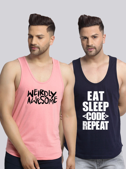 Men's Pack of 2 Coral & Navy Printed Gym Vest - Friskers
