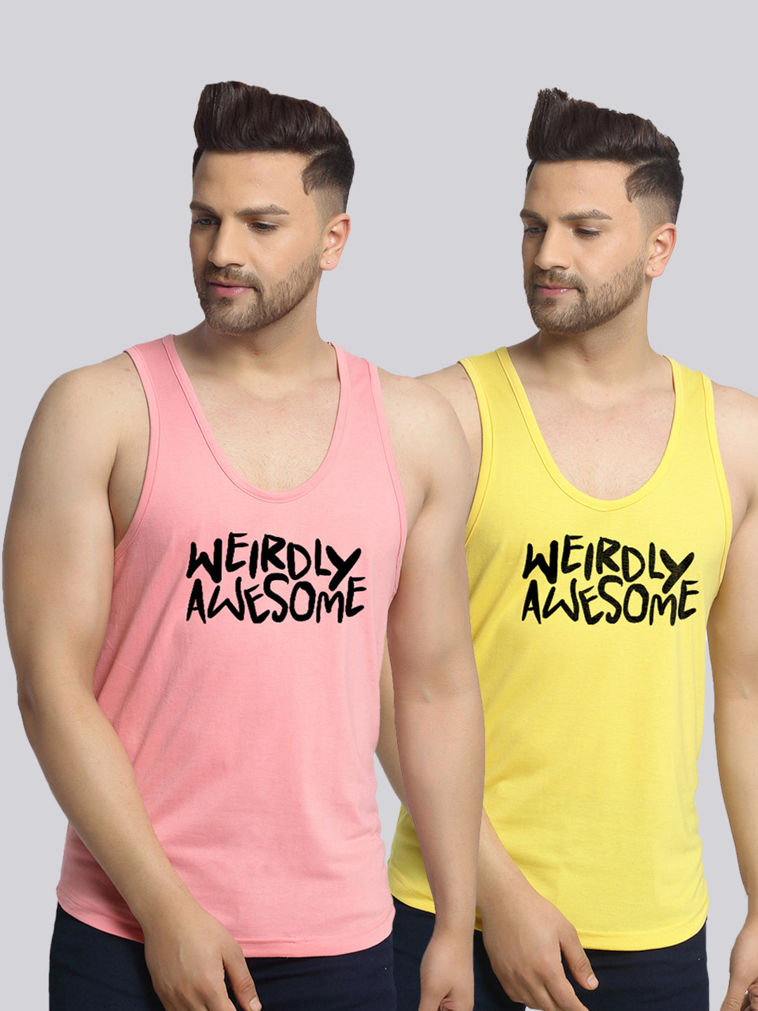 Men's Pack of 2 Coral & Yellow Printed Gym Vest - Friskers