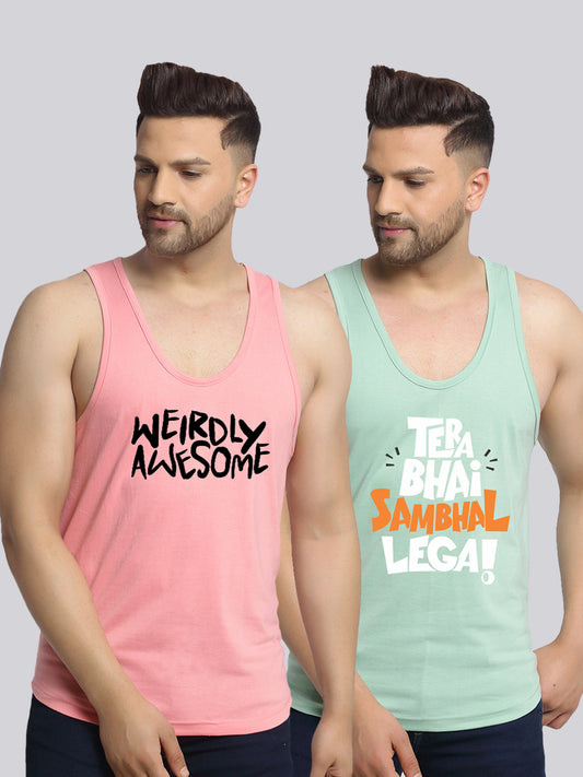 Men's Pack of 2 Coral & Pista Printed Gym Vest - Friskers