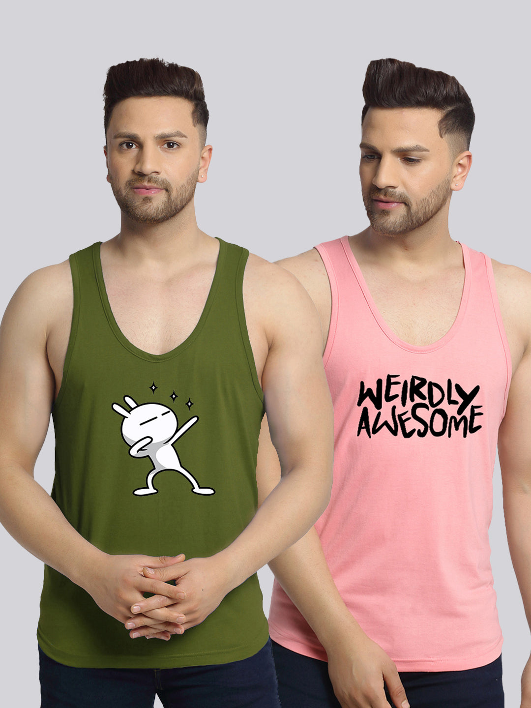 Men's Pack of 2 Olive Green & Coral Printed Gym Vest - Friskers