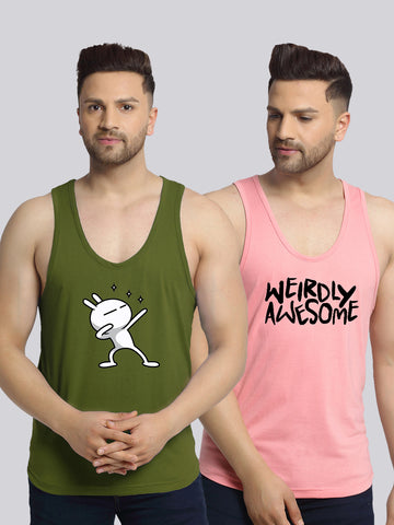 Men's Pack of 2 Olive Green & Coral Printed Gym Vest - Friskers
