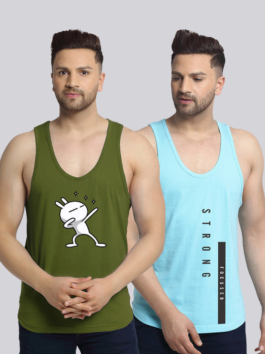 Men's Pack of 2 Olive Green & Turquiose Printed Gym Vest - Friskers