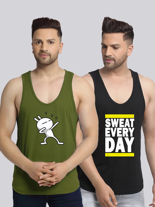 Men's Pack of 2 Olive Green & Black Printed Gym Vest - Friskers